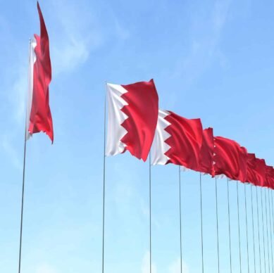 bahrain-flag-waving-blue-sky-background-1