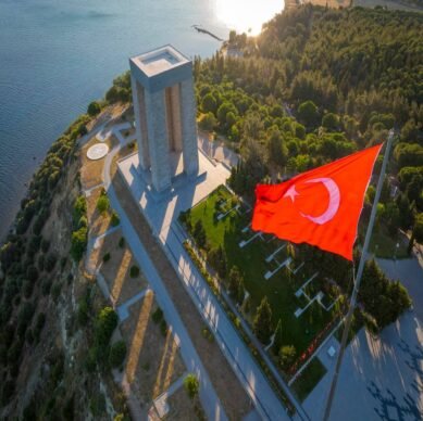 Canakkale - Turkey, September 12, 2021 Gallipoli peninsula, where Canakkale land and sea battles took place during the first world war. Martyrs monument and Anzac Cove. Photo shoot with drone.