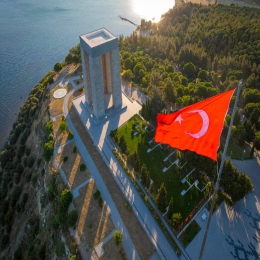 Canakkale - Turkey, September 12, 2021 Gallipoli peninsula, where Canakkale land and sea battles took place during the first world war. Martyrs monument and Anzac Cove. Photo shoot with drone.
