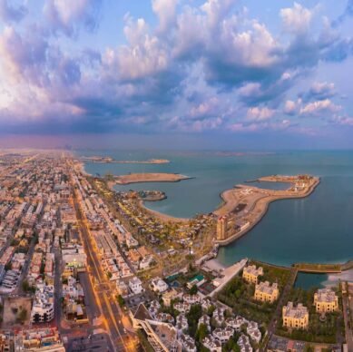 Aerial view of Dubai Downtown skyline, United Arab Emirates or UAE. Financial district and business area in smart urban city. Skyscraper and high-rise buildings at sunset.