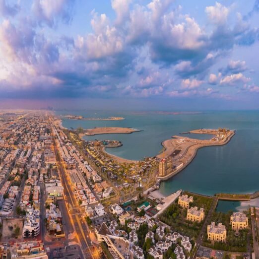 Aerial view of Dubai Downtown skyline, United Arab Emirates or UAE. Financial district and business area in smart urban city. Skyscraper and high-rise buildings at sunset.